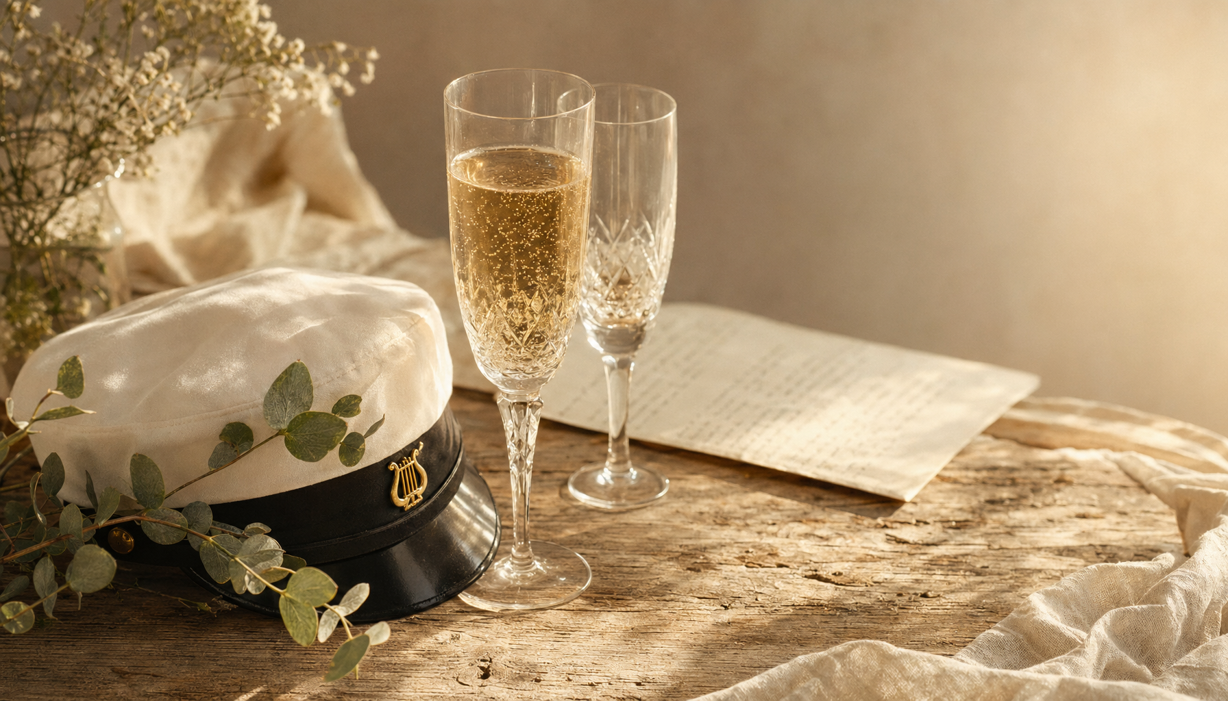 Studentmössa och champagneglas i golden hour